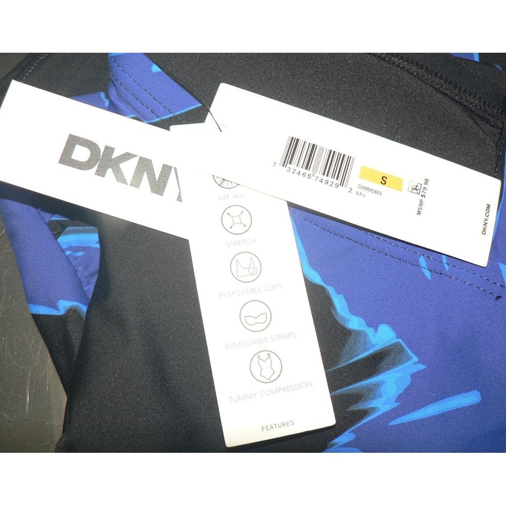 DKNY Women's U-Wire Bandeau Shirred One-Piece Swimsuit Brush Stroke Blue Small - Picture 11 of 11